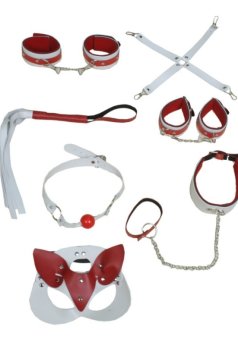 Censan 7 Parça Fetiş Esaret Seti Kırmızı Beyaz Kedi Maskeli