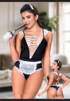 Censan Siyah Dantel Detaylı Seksi Fantezi Hizmetçi Kostümü