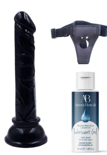 Censan Belden Bağlamalı Kayganlaştırıcı Set Siyah Renk Gerçekçi 15CM Anal Dildo