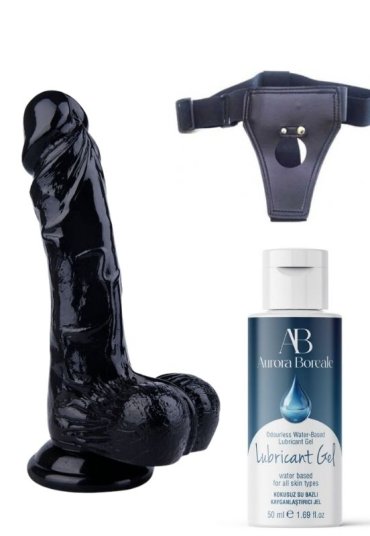 Censan Belden Bağlamalı Kayganlaştırıcı Set Noctis 22,5cm Siyah Dildo No:55